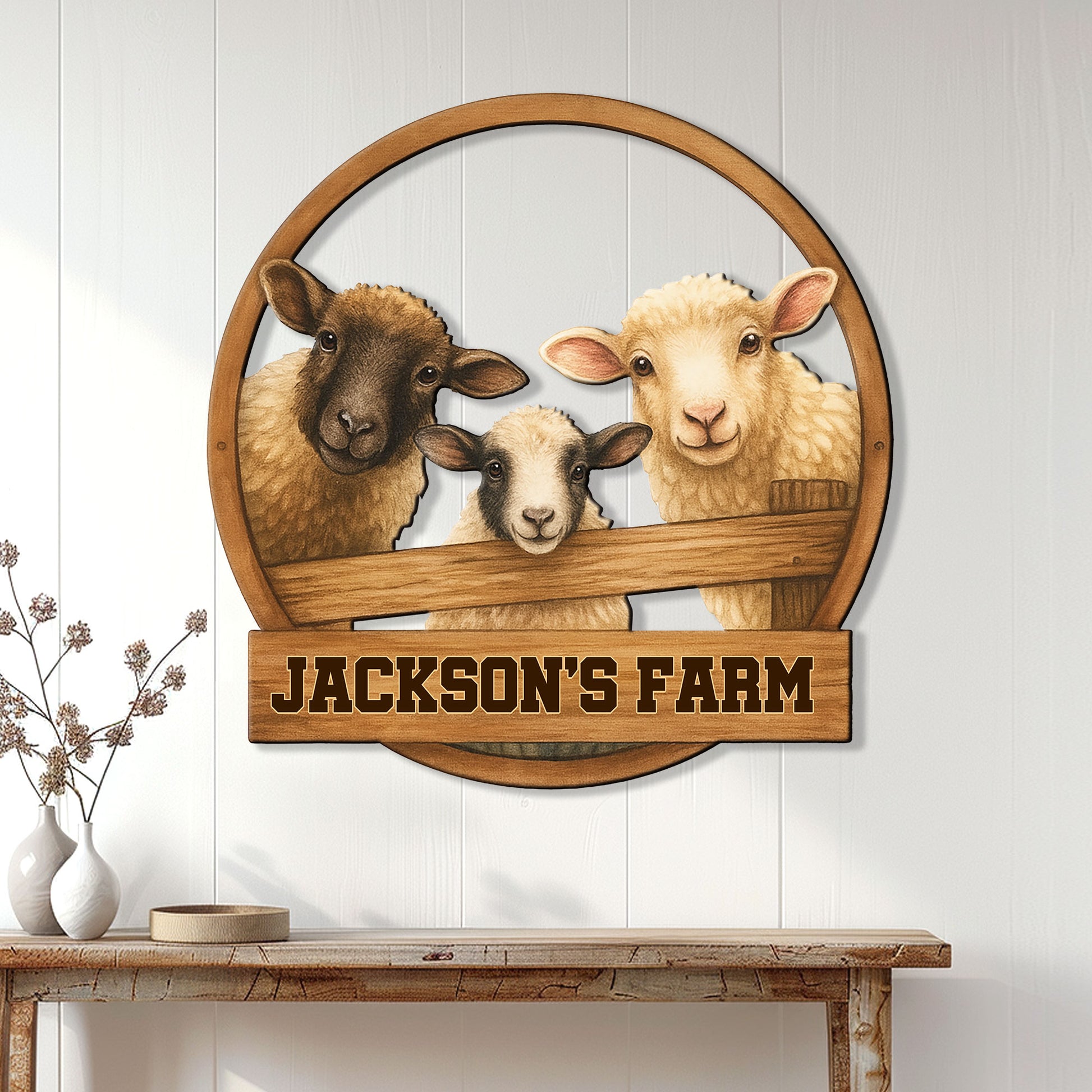 Rustic sheep farm metal sign displayed on a white farmhouse wall above a console table