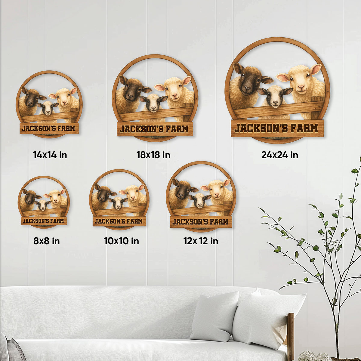 Sheep farm metal sign size guide showing six available square size options