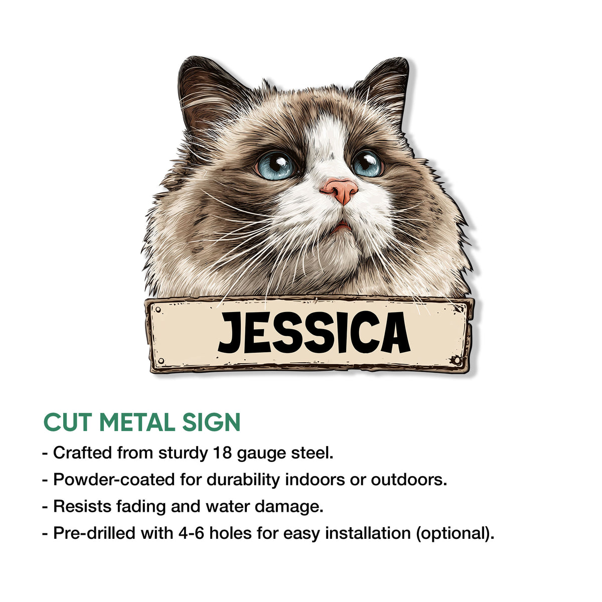 Ragdoll cat metal sign shown in a product feature graphic with its cut-metal silhouette