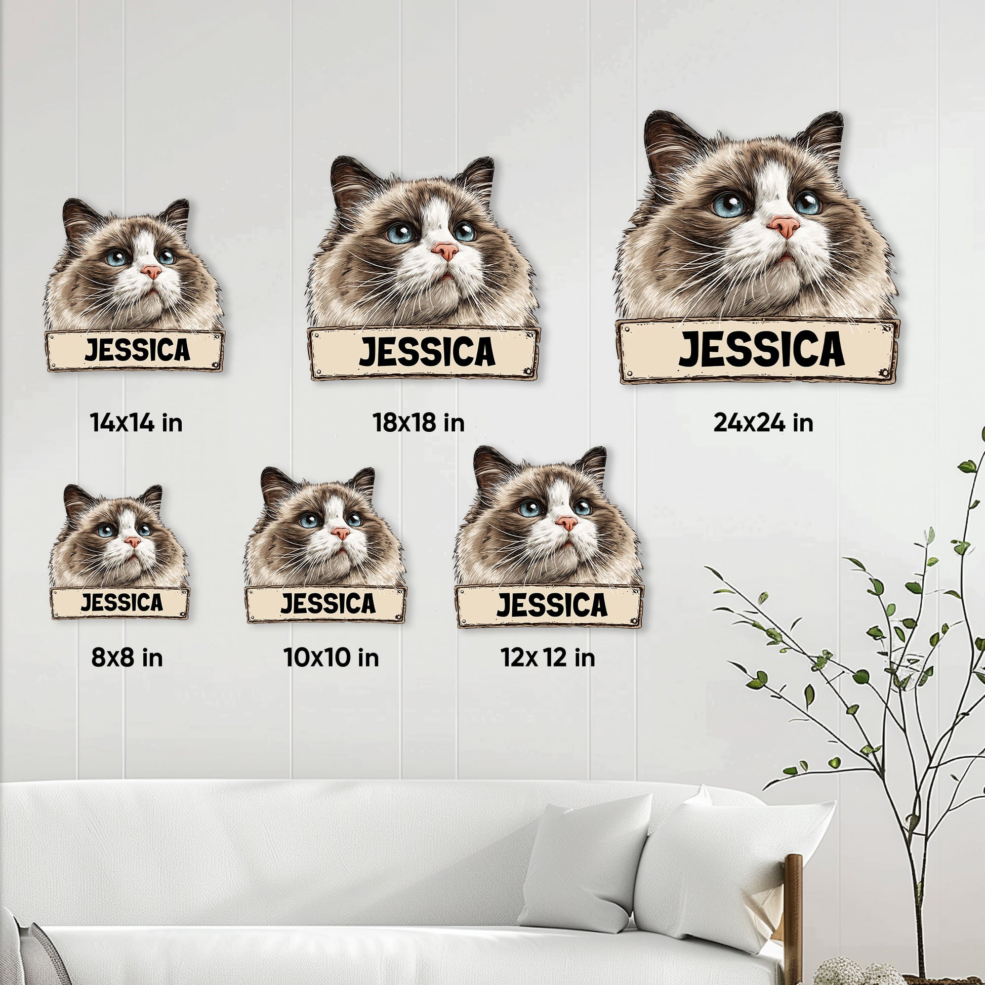 Ragdoll cat metal sign size guide showing six available square size options in a living room