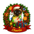 Custom Siamese cat metal sign with Santa hat, lights, gifts, holly, and festive ribbon