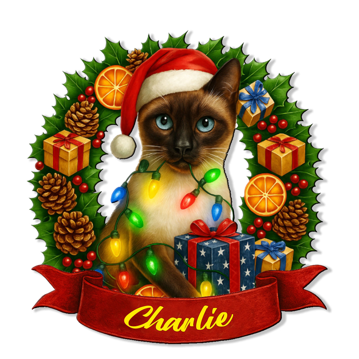 Custom Siamese cat metal sign with Santa hat, lights, gifts, holly, and festive ribbon