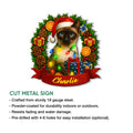 Siamese cat Christmas metal sign shown with cut-steel construction and display features