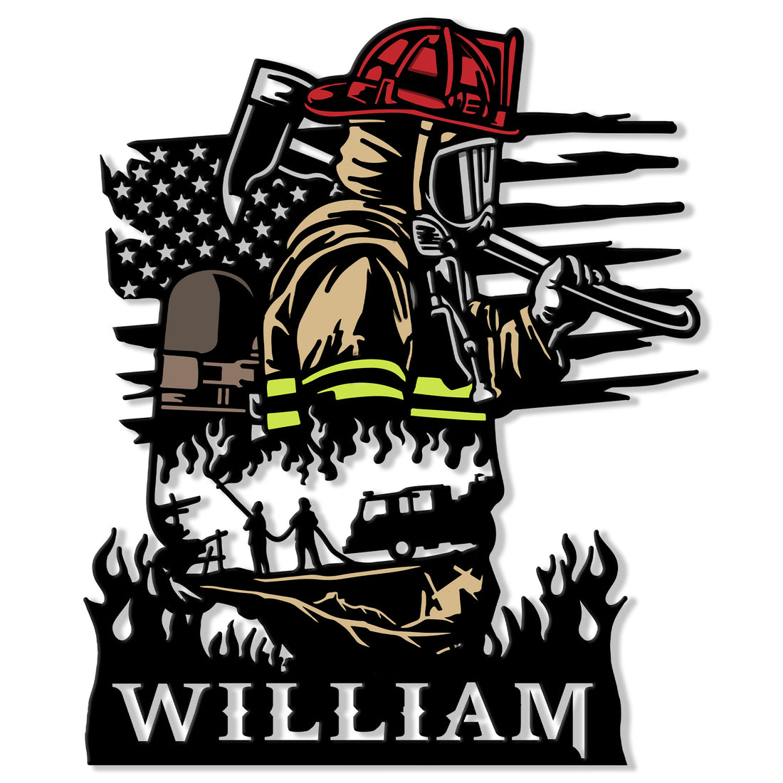 Firefighter metal sign featuring a helmeted firefighter, American flag, hose, flames, and rescue scene