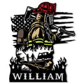Firefighter metal sign featuring a helmeted firefighter, American flag, hose, flames, and rescue scene
