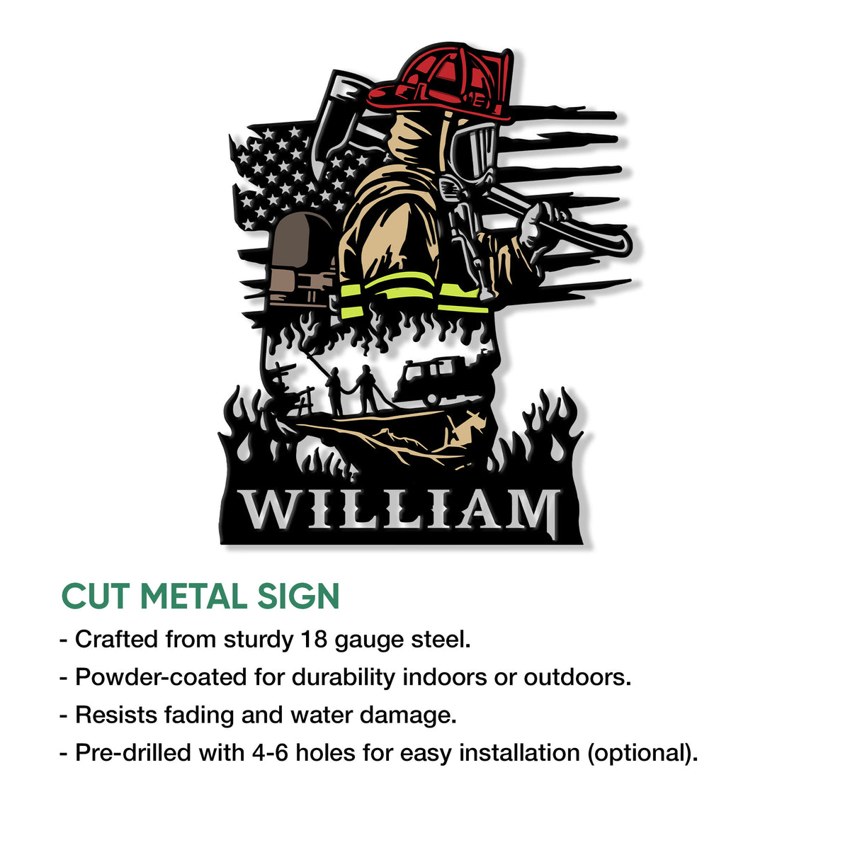 Firefighter metal sign feature graphic showing the patriotic firefighter design and product presentation