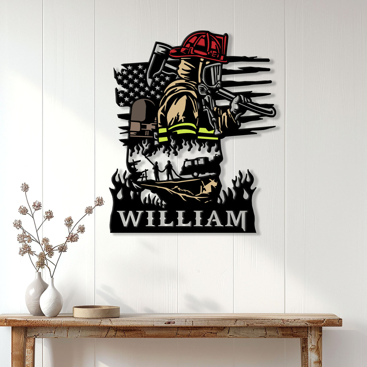 Firefighter wall sign displayed on a white paneled wall above a console table
