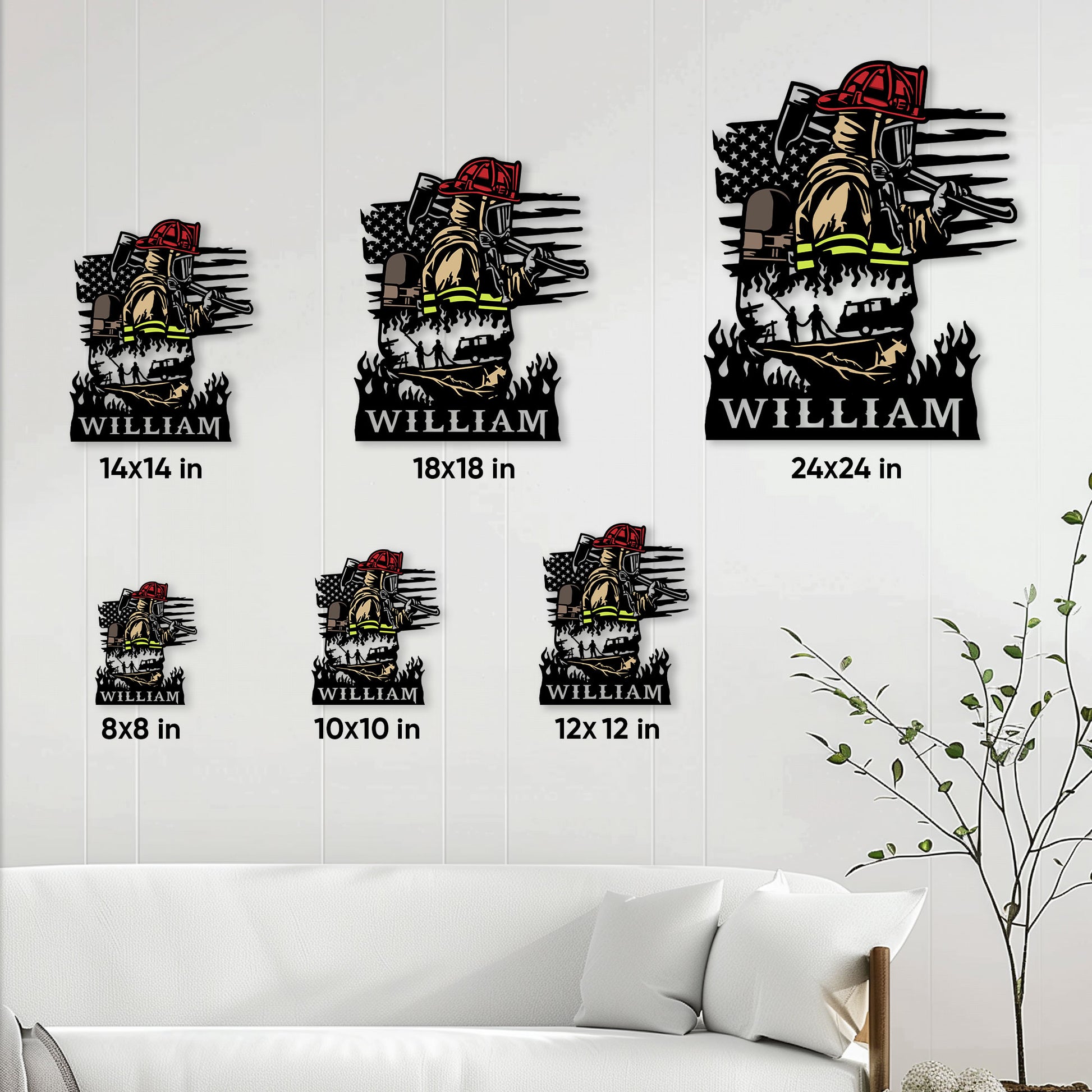 Firefighter metal sign size guide displaying 8, 10, 12, 14, 18, and 24 inch options