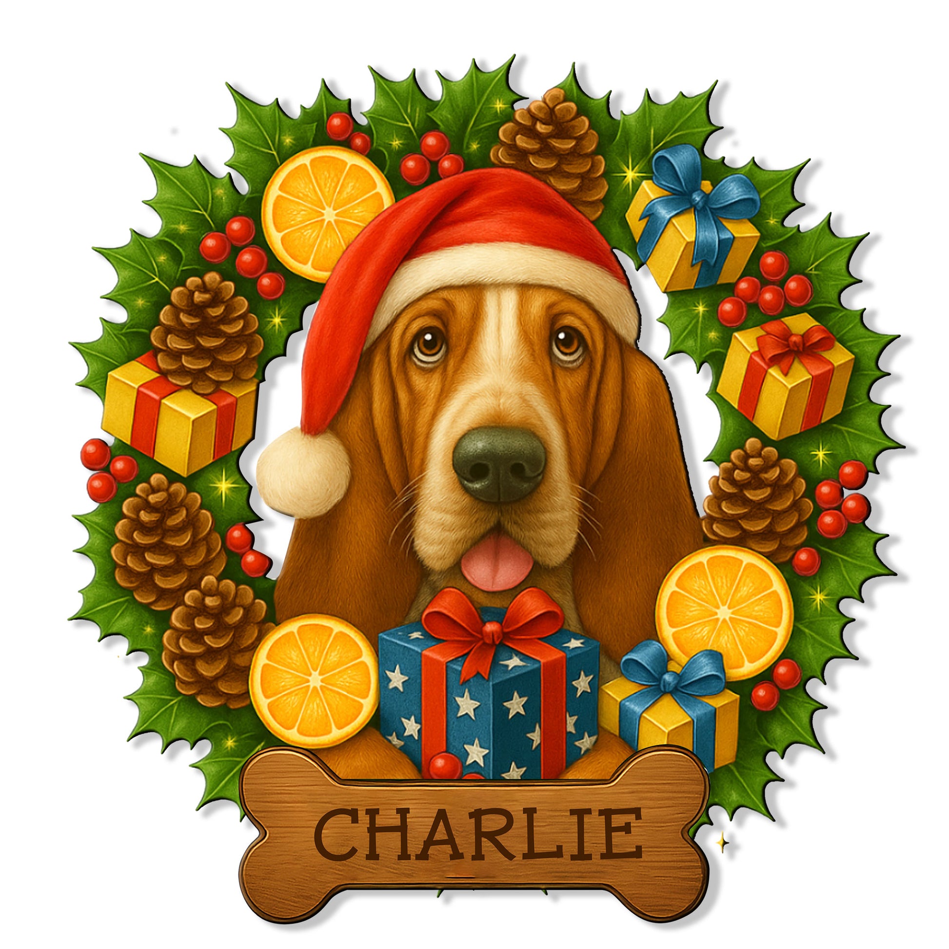 Custom Christmas Basset Hound metal sign featuring a Santa hat, gifts, holly, pinecones, and a bone-shaped plaque