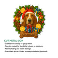 Basset Hound Christmas metal sign feature graphic with a festive dog portrait, wrapped presents, and holiday greenery