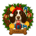 Custom English Springer Spaniel metal sign with a Santa hat, gifts, holly, pinecones, and festive Christmas colors