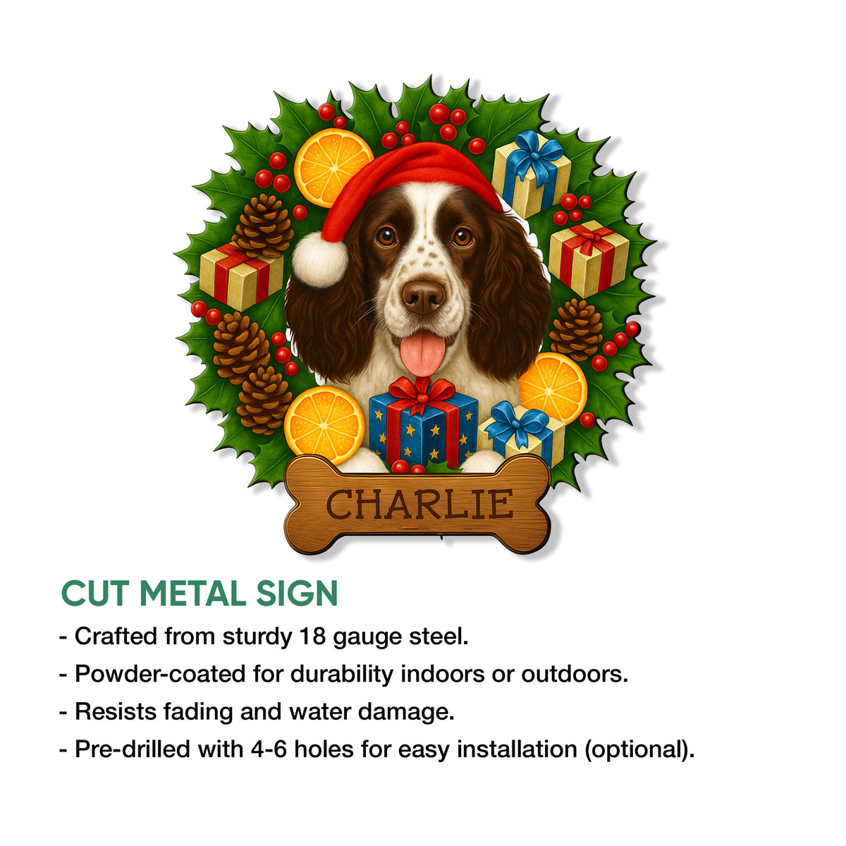 English Springer Spaniel Christmas metal sign shown with cut steel sign features and indoor or outdoor display details