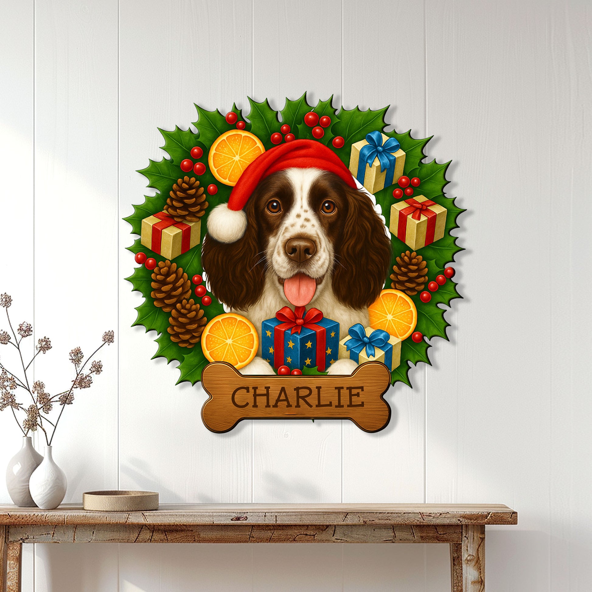 English Springer Spaniel Christmas wall sign displayed on a white paneled wall above a console table