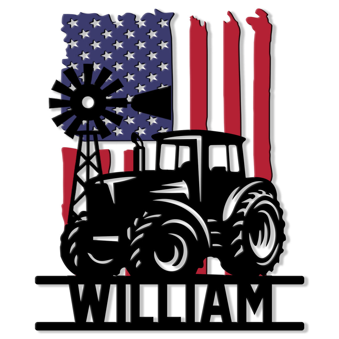 Custom tractor metal sign featuring a bold farm tractor, windmill silhouette, and American flag design