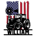 Custom tractor metal sign featuring a bold farm tractor, windmill silhouette, and American flag design