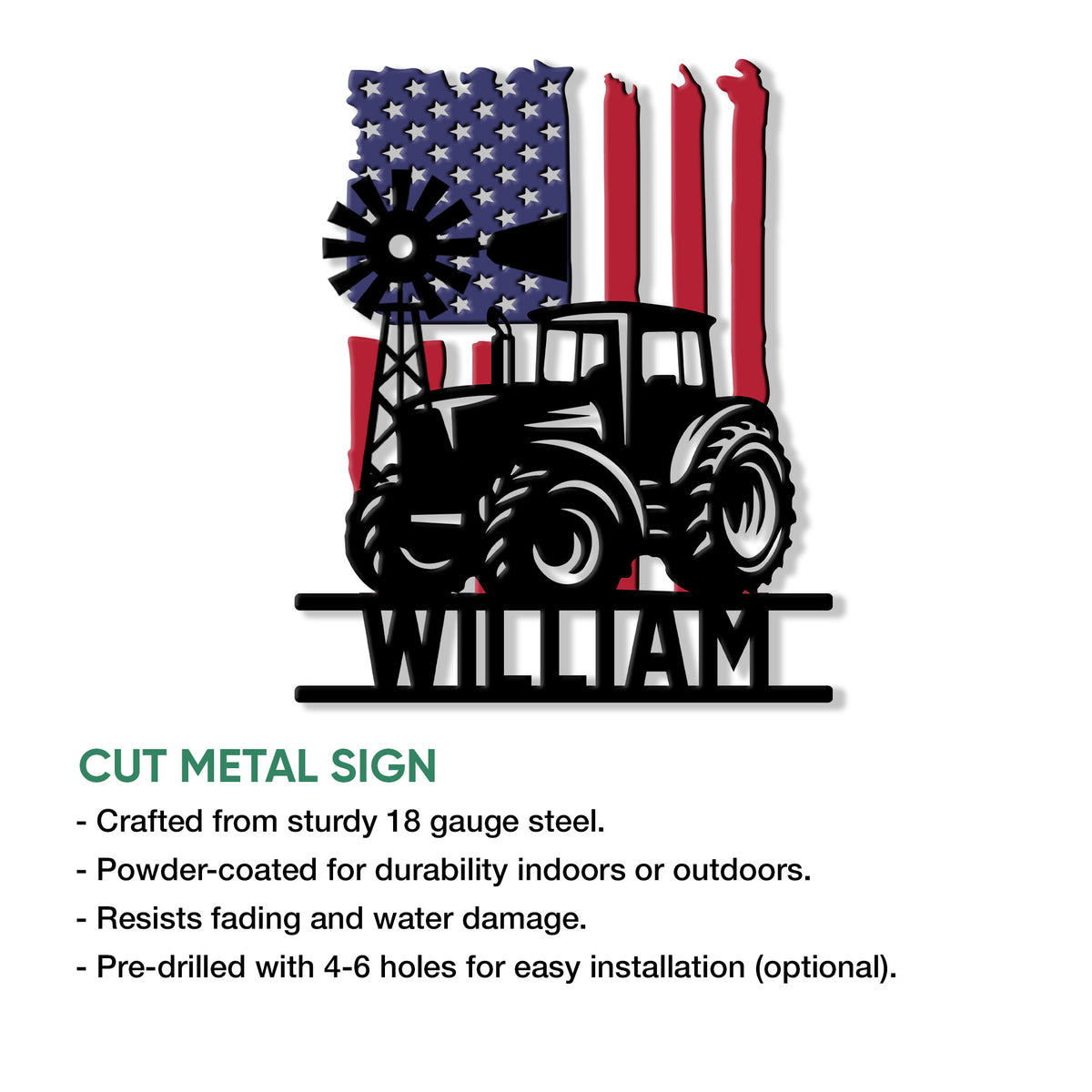Tractor metal sign feature graphic showing cut-steel construction and indoor or outdoor display options