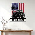 Farm tractor metal sign displayed on a white paneled wall above a rustic wood console
