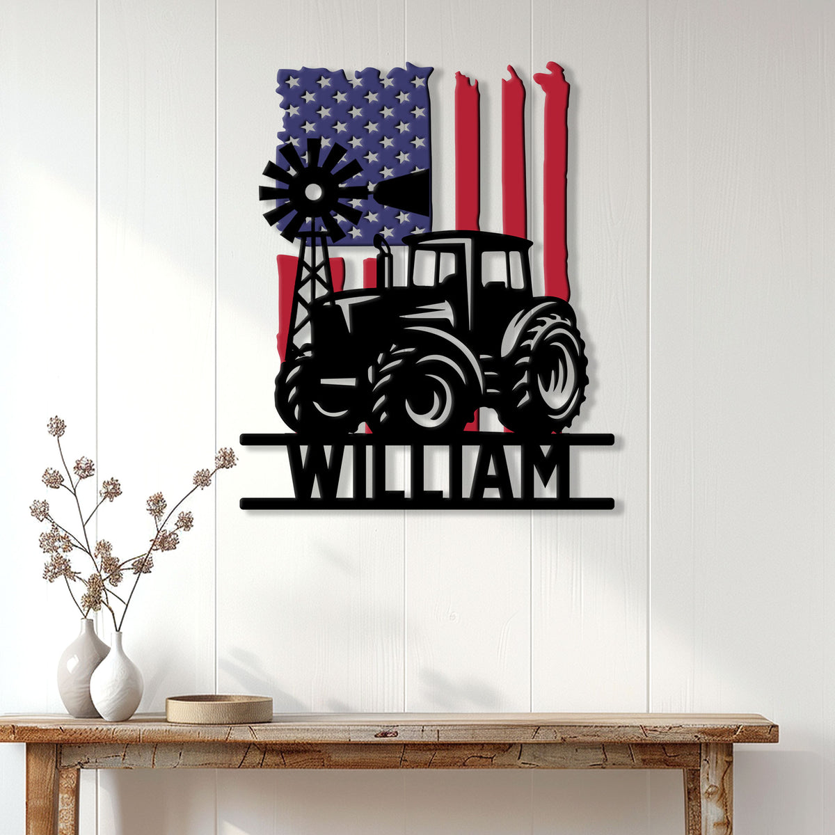 Farm tractor metal sign displayed on a white paneled wall above a rustic wood console