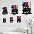 Tractor metal sign size guide showing six available square size options in a farmhouse room setting