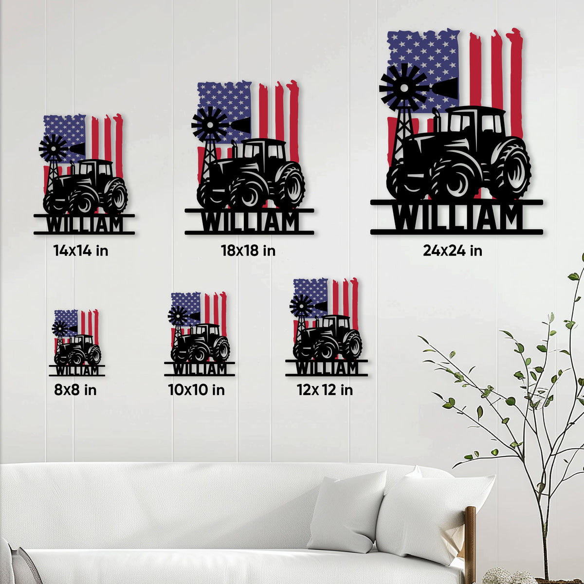 Tractor metal sign size guide showing six available square size options in a farmhouse room setting
