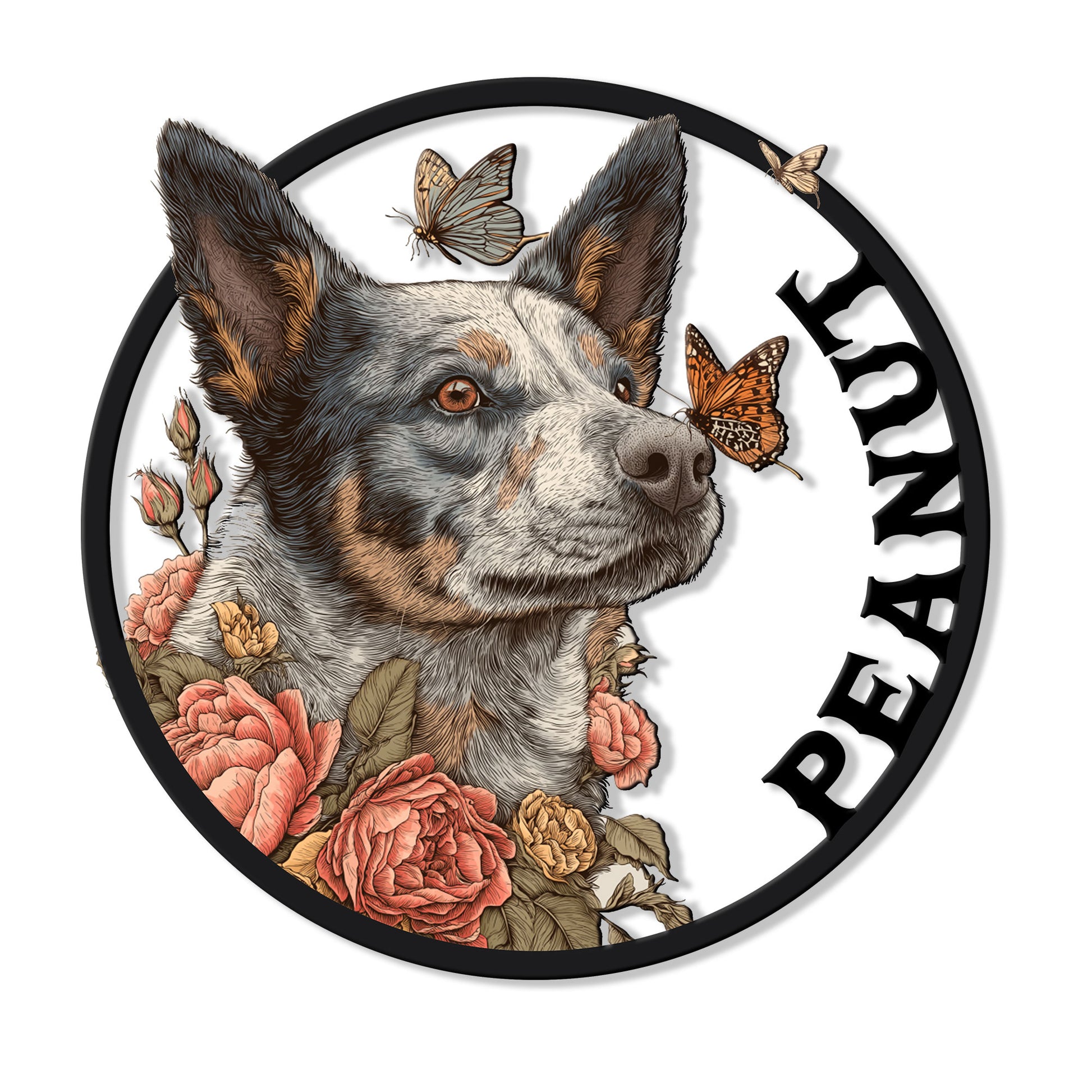 Australian Cattle Dog metal sign with a floral portrait, butterflies, and a bold circular border