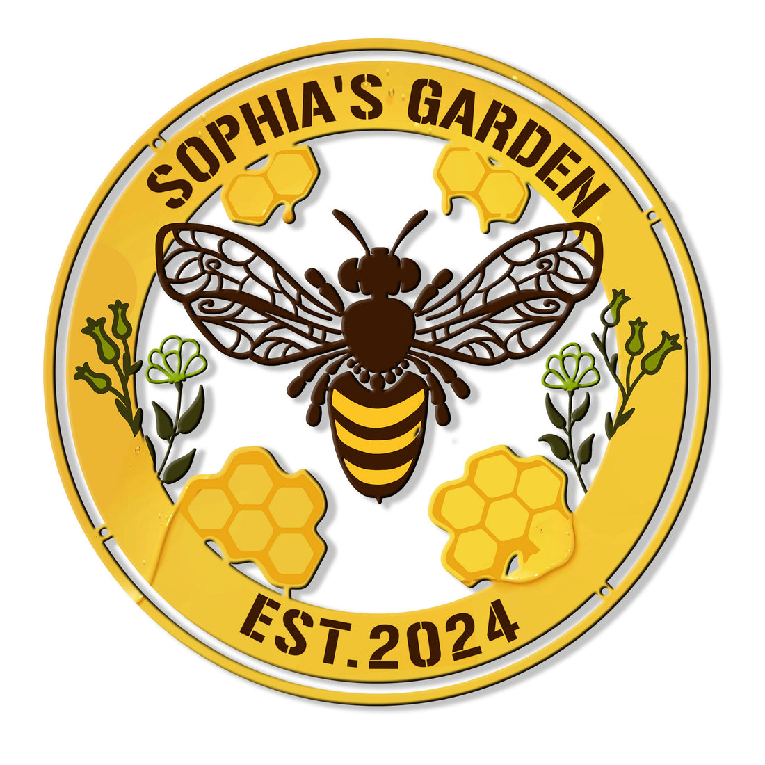 Round custom bee garden metal sign featuring a honeybee, honeycomb, flowers, and a yellow border