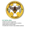 Bee garden metal sign product graphic showing the cut-metal design and available mounting features
