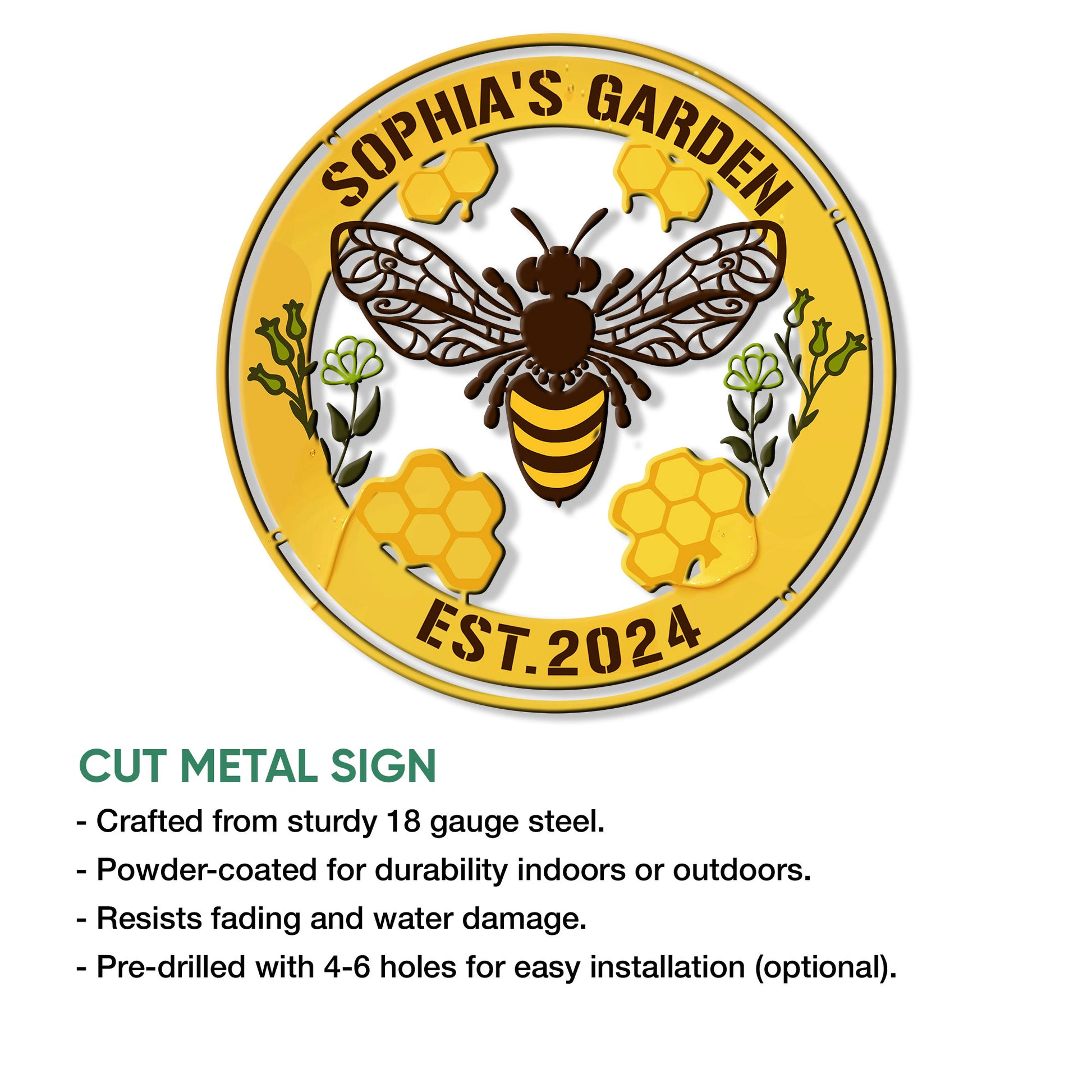 Bee garden metal sign product graphic showing the cut-metal design and available mounting features