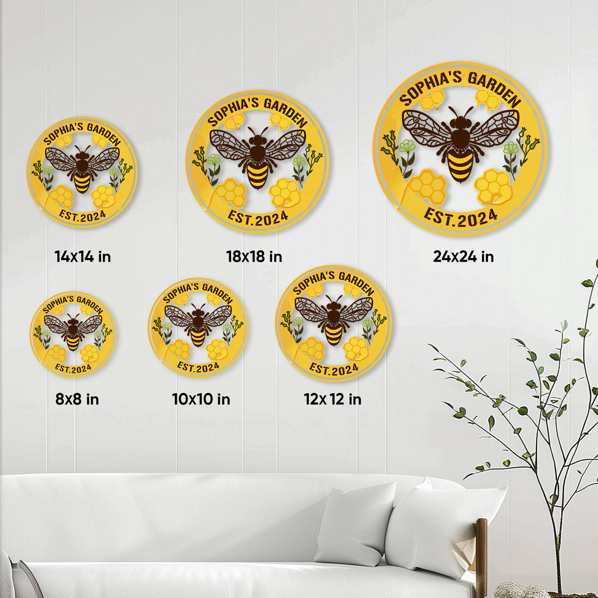 Bee garden metal sign size guide showing multiple round sizes from 8 to 24 inches