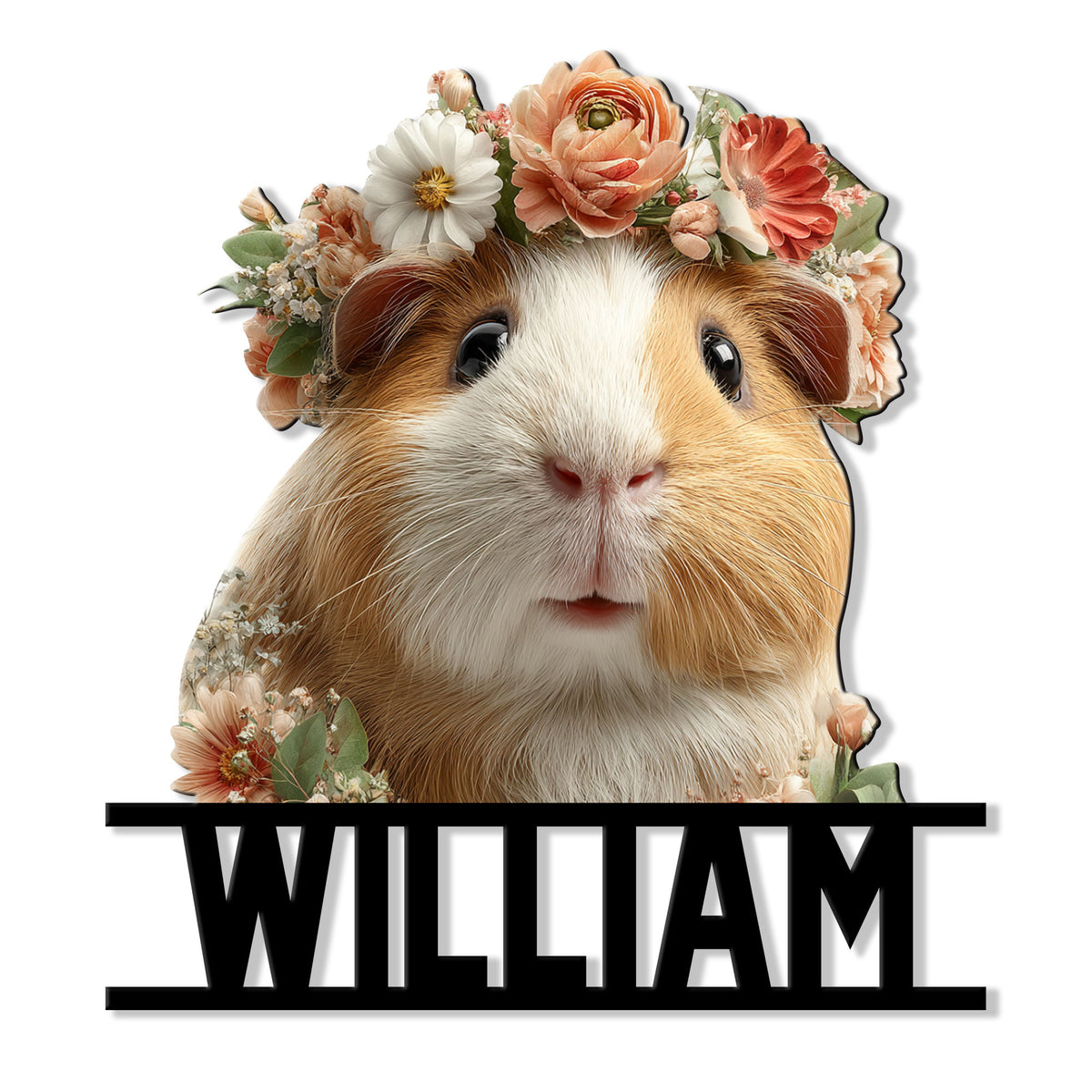 Floral guinea pig metal sign featuring a close-up cavy portrait framed by soft peach and white flowers