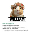 Guinea pig cut metal sign shown with a flower crown design and product feature details