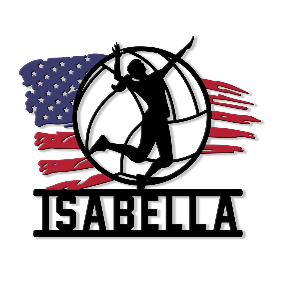 Custom volleyball metal sign with a jumping player silhouette, volleyball, and patriotic red, white, and blue design