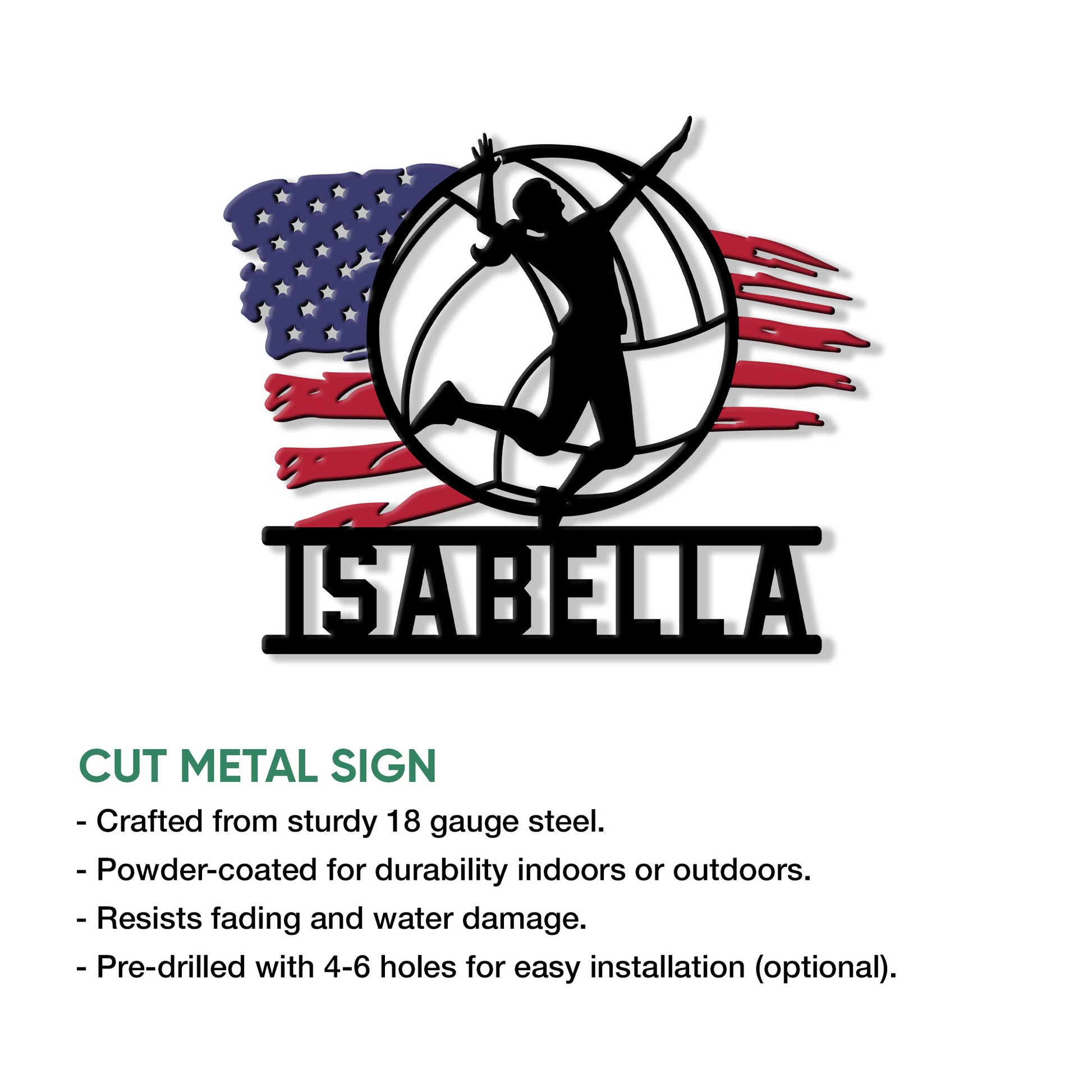 Volleyball metal sign featuring a dynamic player silhouette, patriotic flag-inspired background, and cut metal construction details