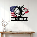 Patriotic volleyball wall decor displayed on a white paneled wall above a console table in a modern home