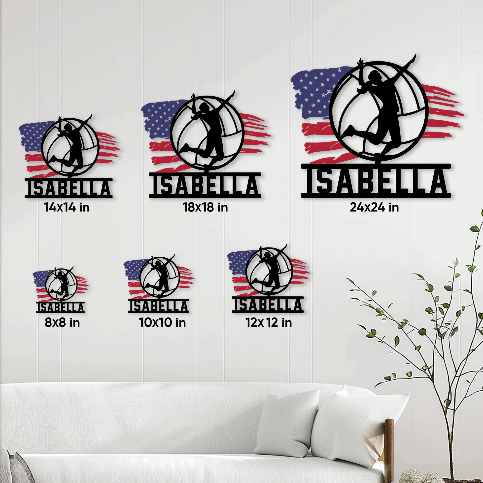 Volleyball metal sign size guide showing available square sizes from 8x8 to 24x24 inches