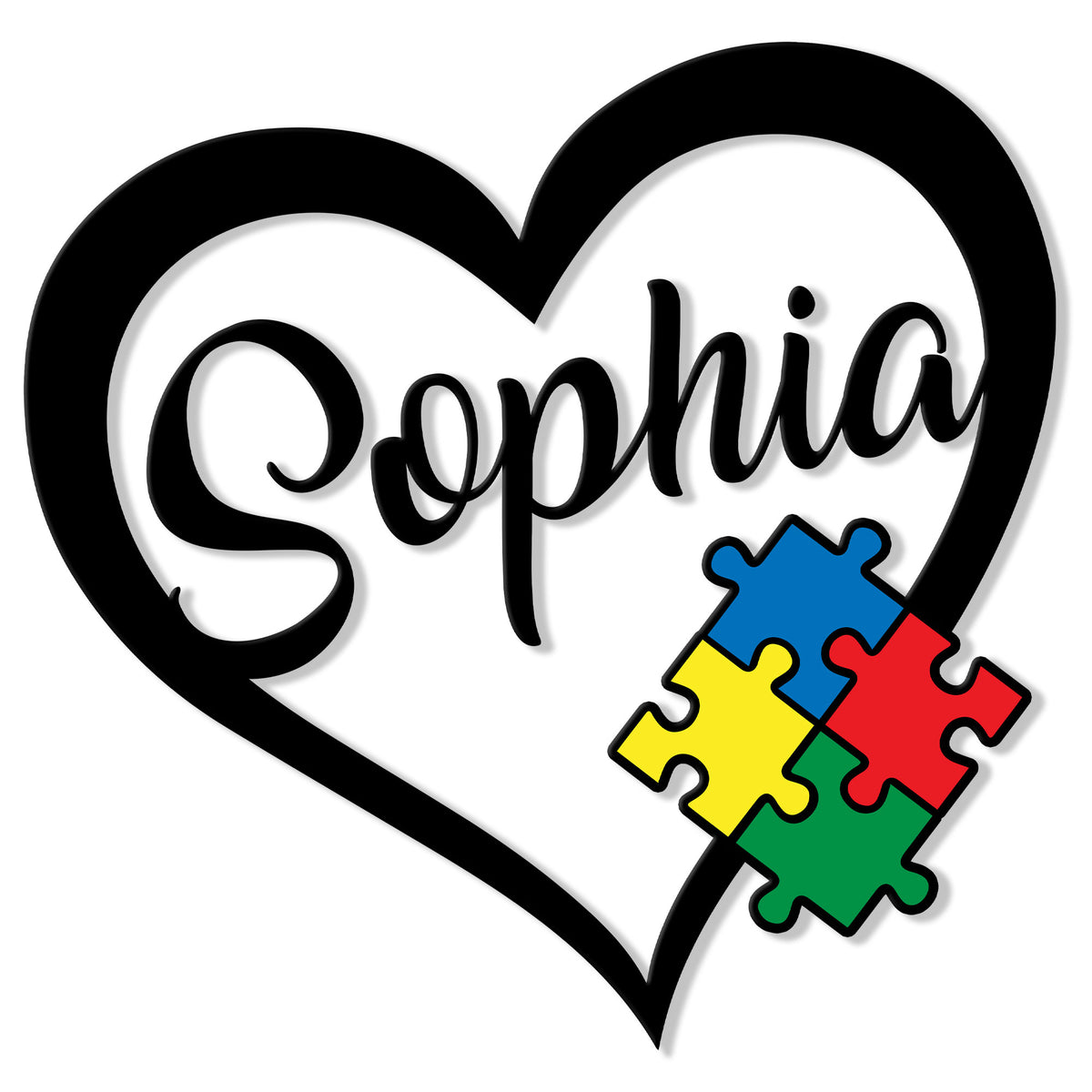 Heart-shaped autism metal sign with colorful puzzle pieces and bold script design