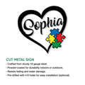 Autism heart cut metal sign feature graphic with indoor and outdoor display details