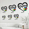 Autism heart metal sign size guide showing available sizes from 8 by 8 to 24 by 24 inches
