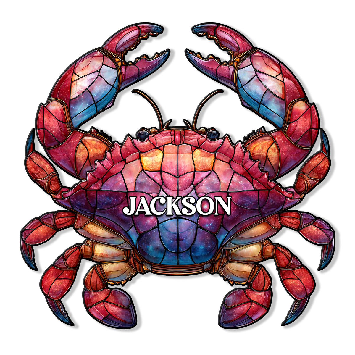 Colorful stained-glass style crab metal sign with raised claws and a bold custom center design