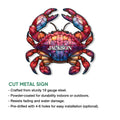Crab cut metal sign feature graphic showing a vibrant multicolor design and product presentation details