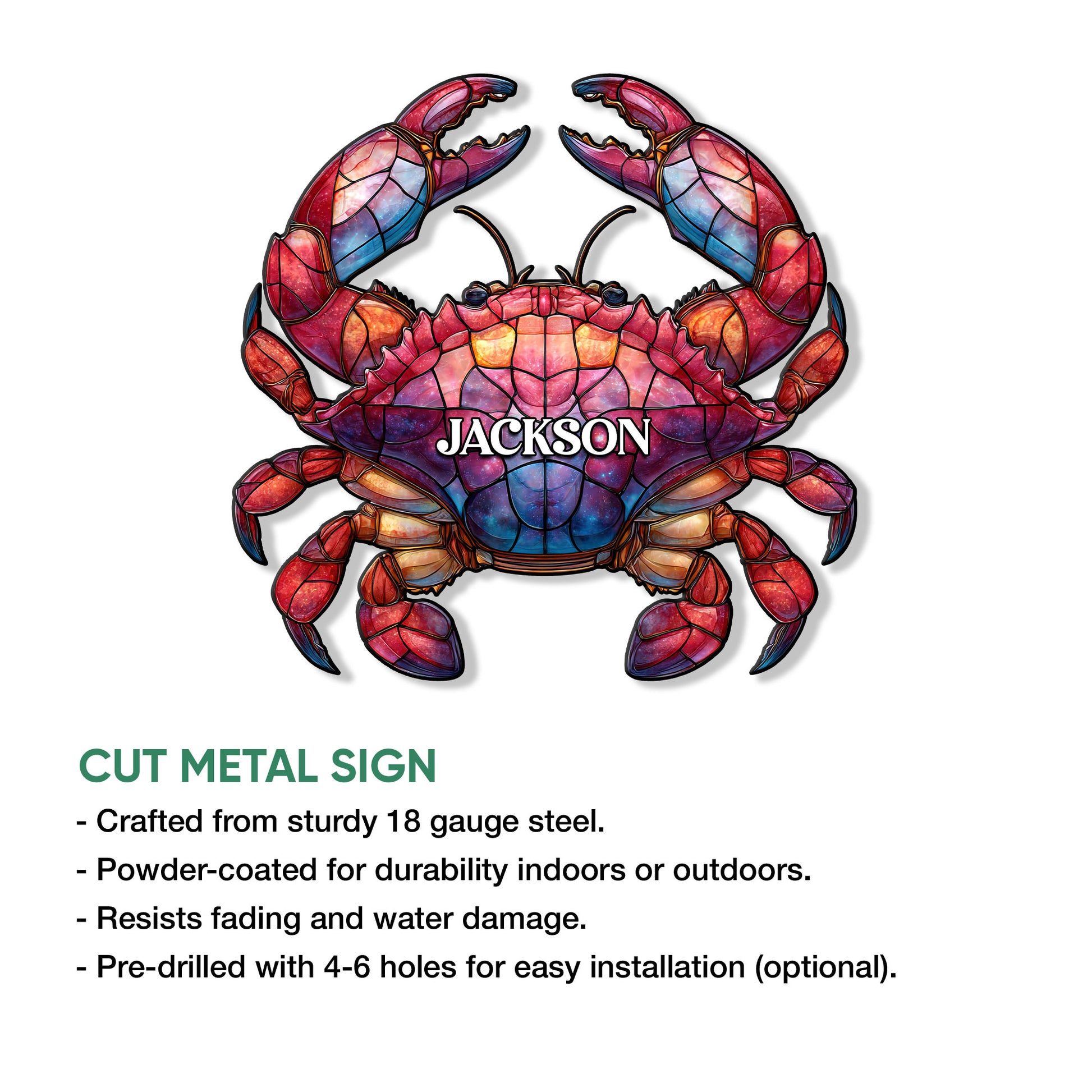 Crab cut metal sign feature graphic showing a vibrant multicolor design and product presentation details