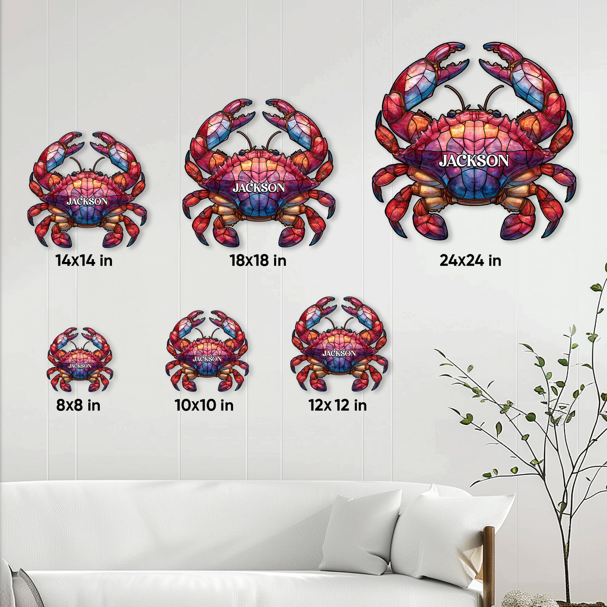 Crab metal sign size guide showing six available square sizes from 8 by 8 to 24 by 24 inches