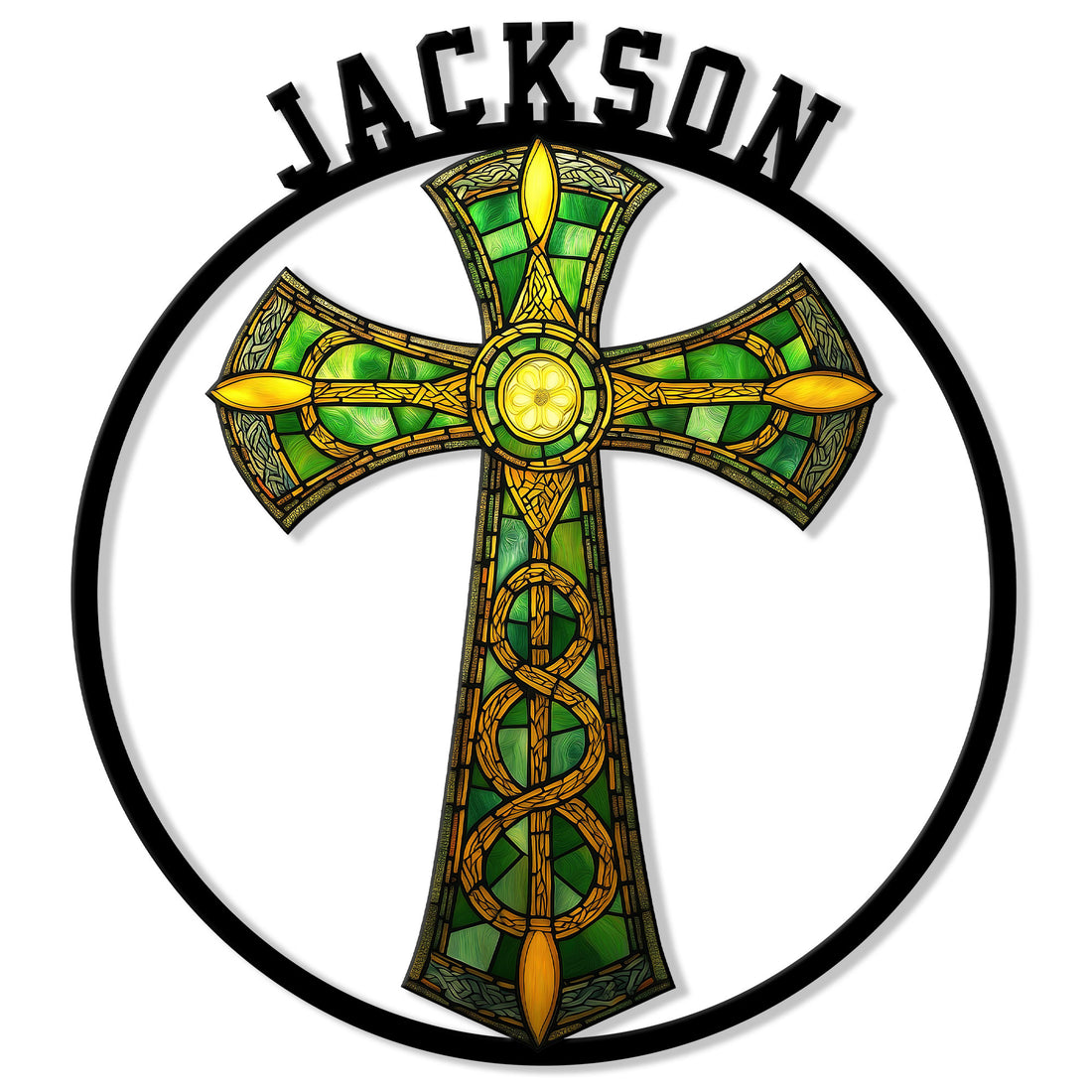 Celtic cross metal sign with stained glass colors, Irish knotwork, and a bold circular wall decor design