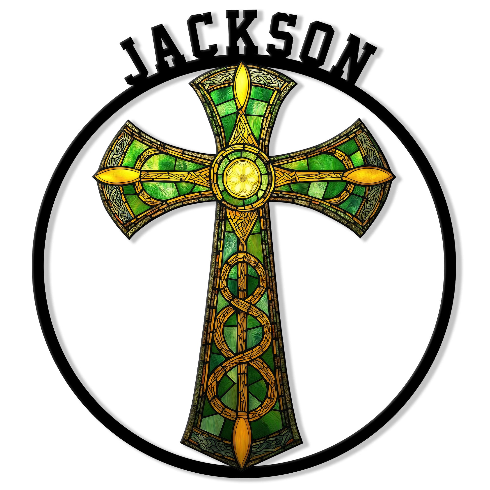 Celtic cross metal sign with stained glass colors, Irish knotwork, and a bold circular wall decor design
