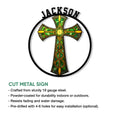 Irish Celtic cross cut metal sign shown in a product feature graphic with a detailed stained glass style design