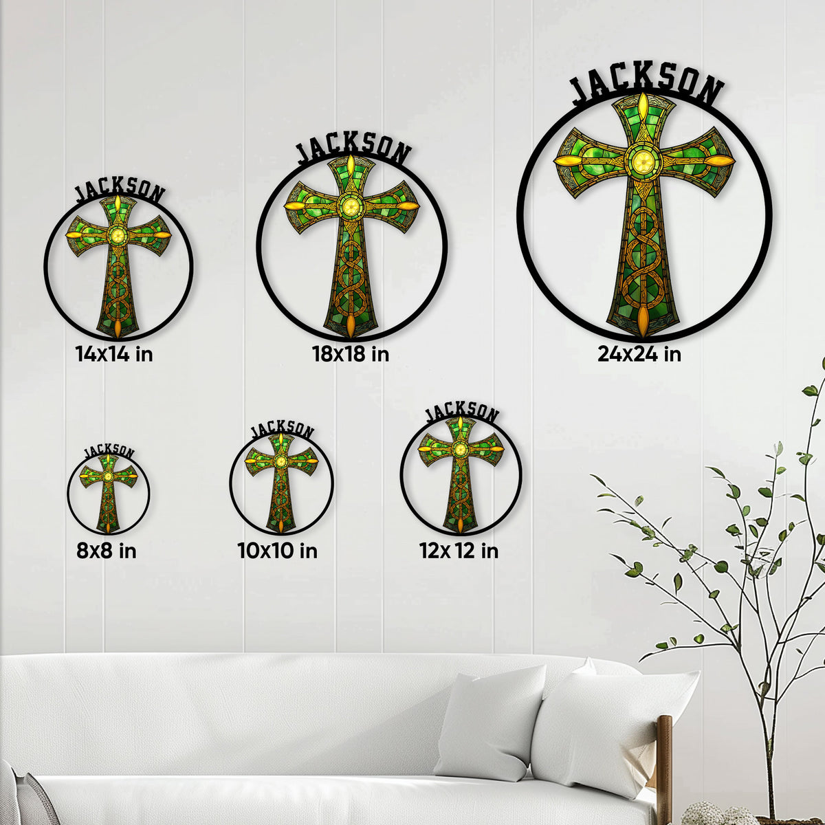 Irish Celtic cross metal sign size guide showing six available sizes from 8 by 8 to 24 by 24 inches