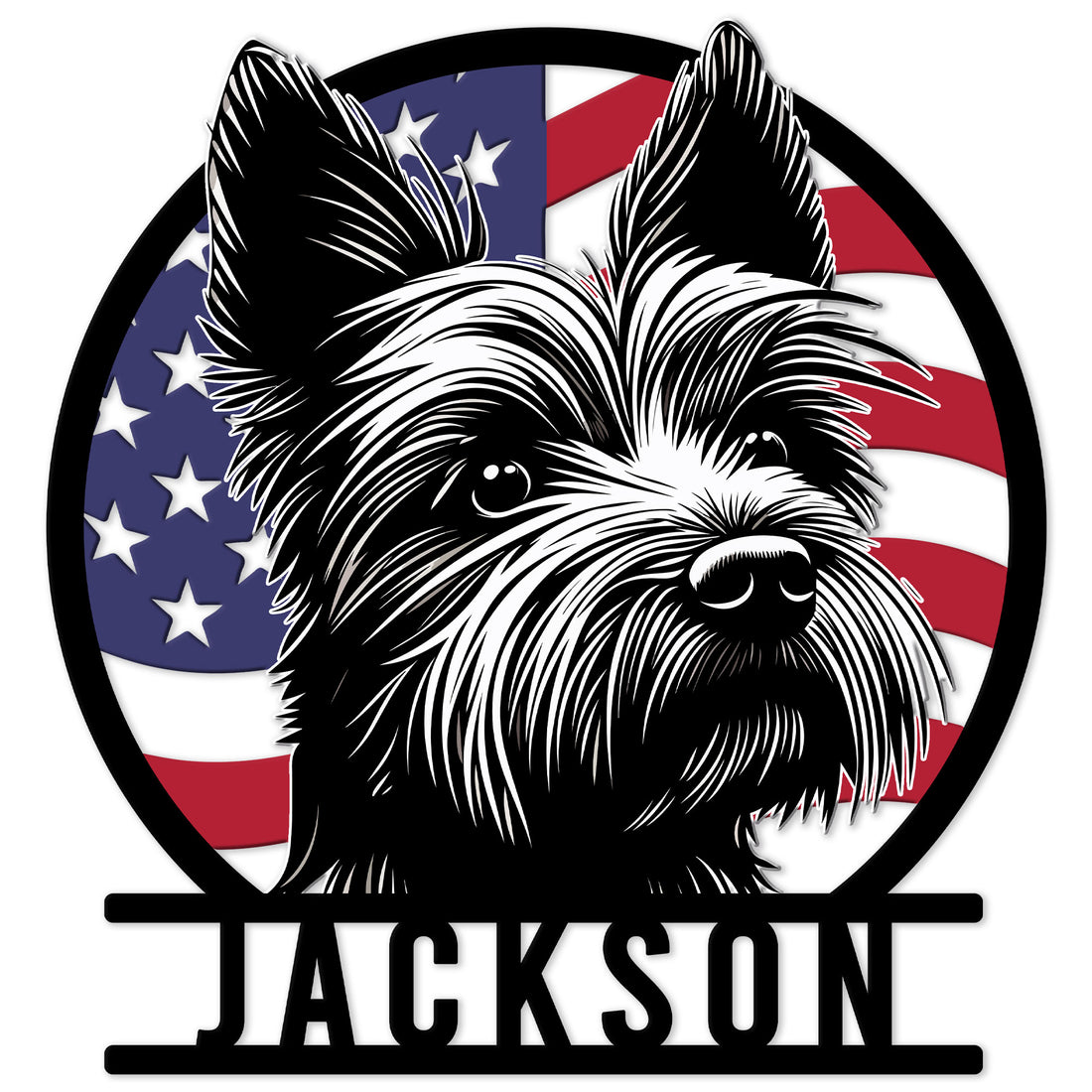 Patriotic Yorkie metal sign featuring a detailed black-and-white dog portrait over an American flag background