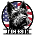 Patriotic Yorkie metal sign featuring a detailed black-and-white dog portrait over an American flag background