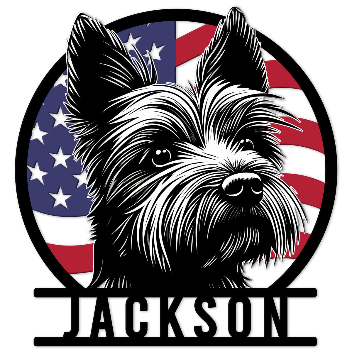 Patriotic Yorkie metal sign featuring a detailed black-and-white dog portrait over an American flag background