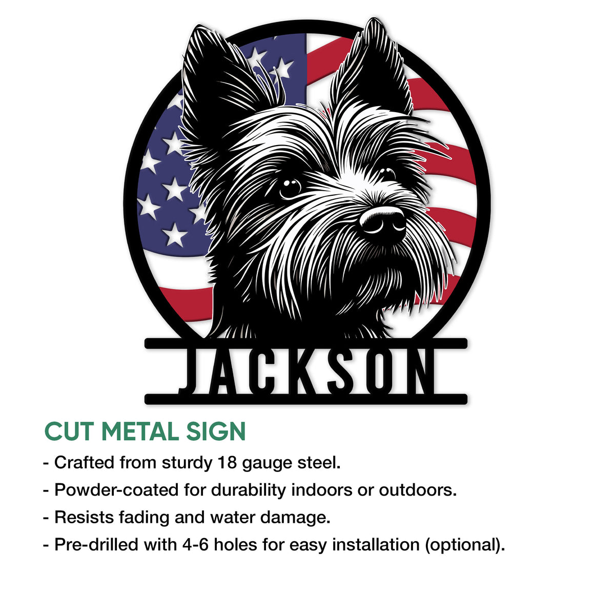 Yorkie metal sign feature graphic highlighting cut-steel construction and indoor or outdoor display